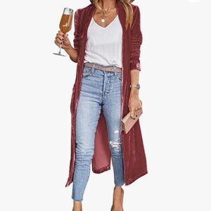 Longline Velvet Retro Duster Coat Jacket in Pink Rose